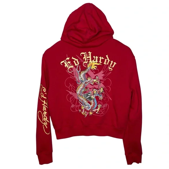 Ed Hardy Red Dragon Tattoo Graphic Zip Up Hoodie Y2K Medium - Picture 6 of 12